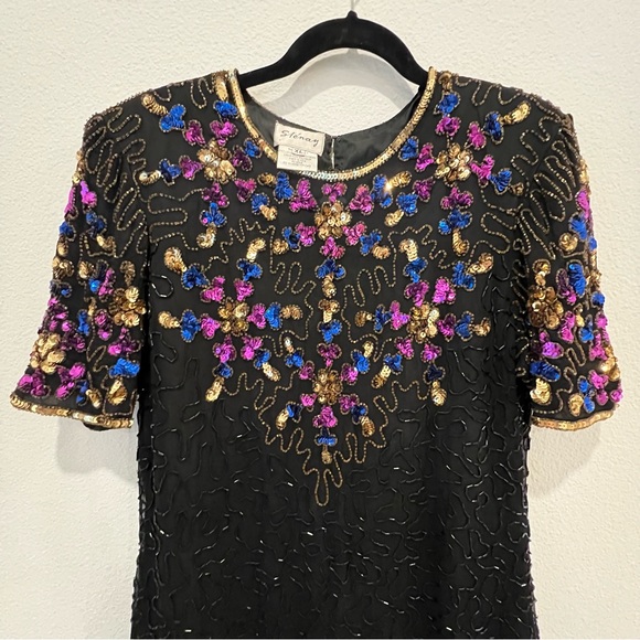 Vtg Sténay Black Gold Beaded Sequin Trophy Dress Silk India Size Xl Holidays - Picture 5 of 16